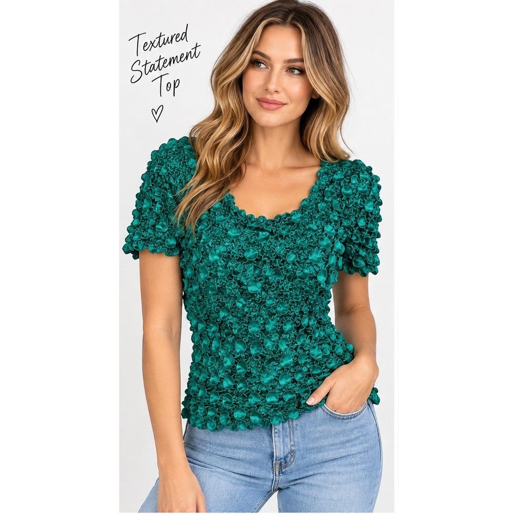 Unbranded Popcorn Top Women OS Teal 90s Y2K Retro Bubble Scrunchie Stretch Shirt